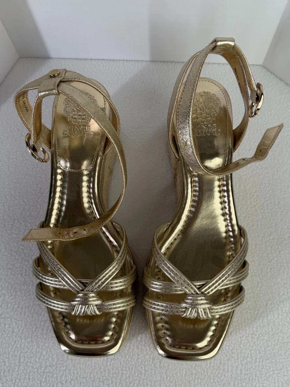 Vince Camuto Metallic Gold Knotted Strap Platform Wedges